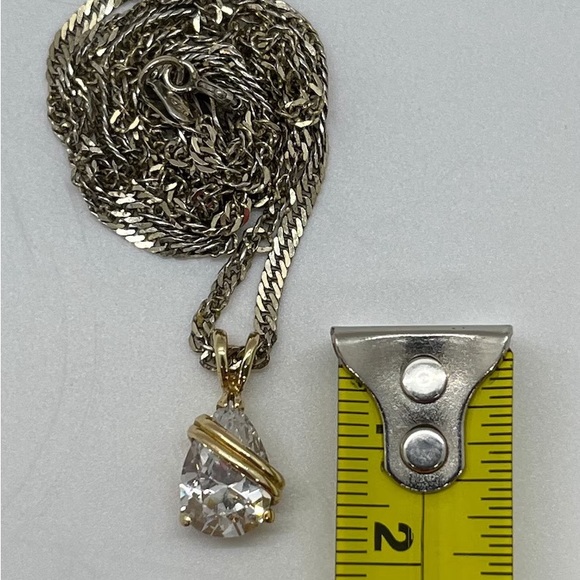A 10K Vermeil Banded Teardrop Cut CZ Pendant On a Gold Washed Silver Necklace - Picture 8 of 8